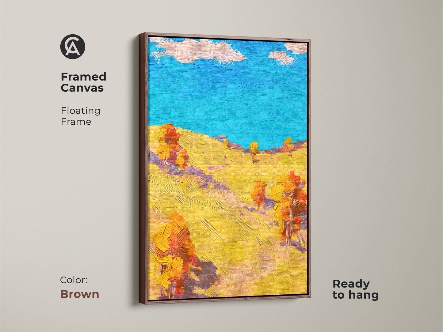 This framed abstract landscape canvas art uses a floating frame. The brown frame enhances the turquoise orange art print. The vibrant wall hanging is ready to bring life to your walls. This is a unique landscape print.