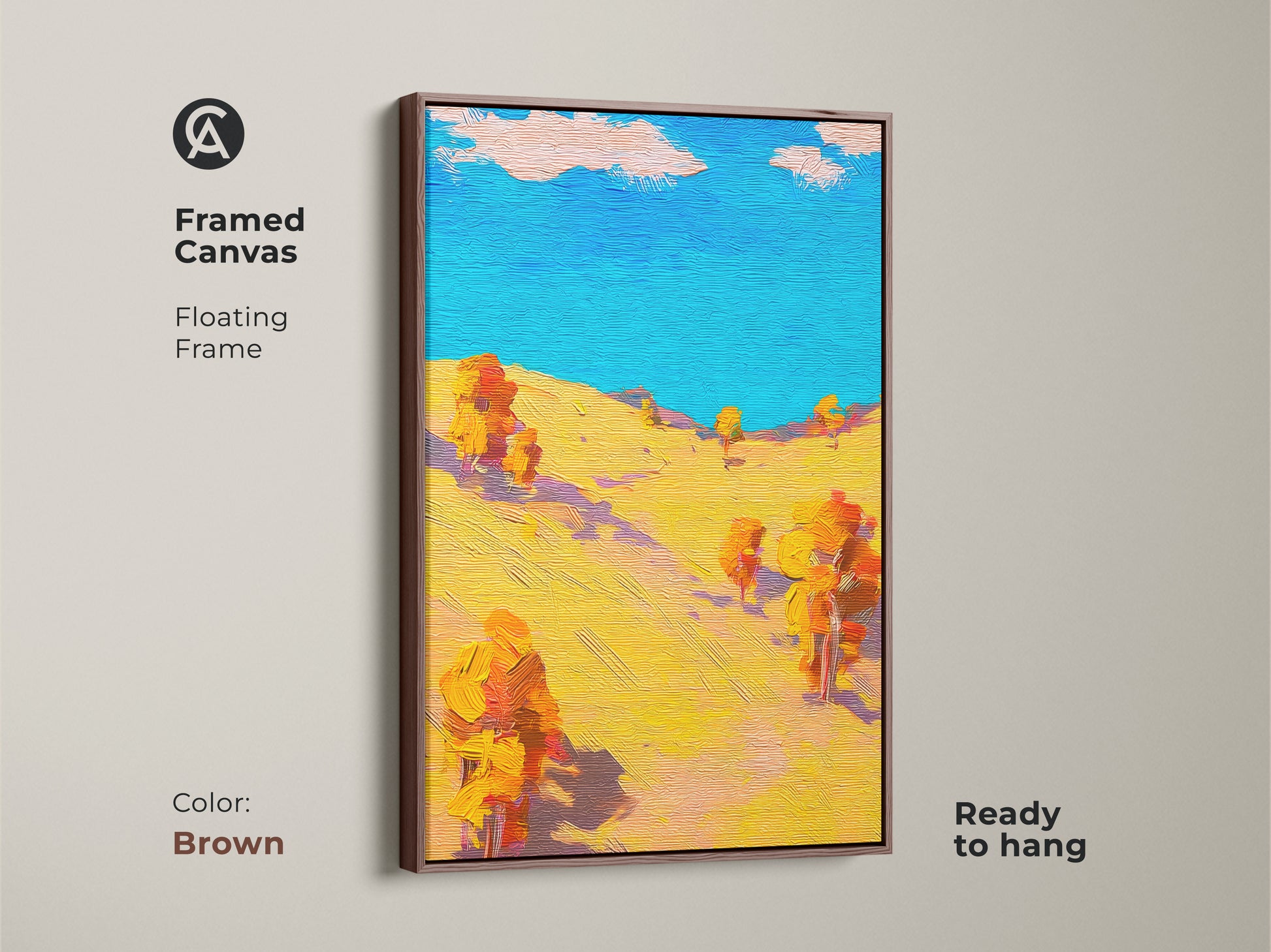 This framed abstract landscape canvas art uses a floating frame. The brown frame enhances the turquoise orange art print. The vibrant wall hanging is ready to bring life to your walls. This is a unique landscape print.