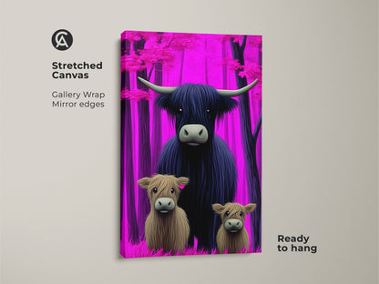 A stretched canvas gallery wrap featuring a Highland Cow family in a pink purple forest. This fantasy animal wall art is ready to hang. The mirror edges enhance the eclectic home decor print. It's a great gift for cow and animal art lovers.