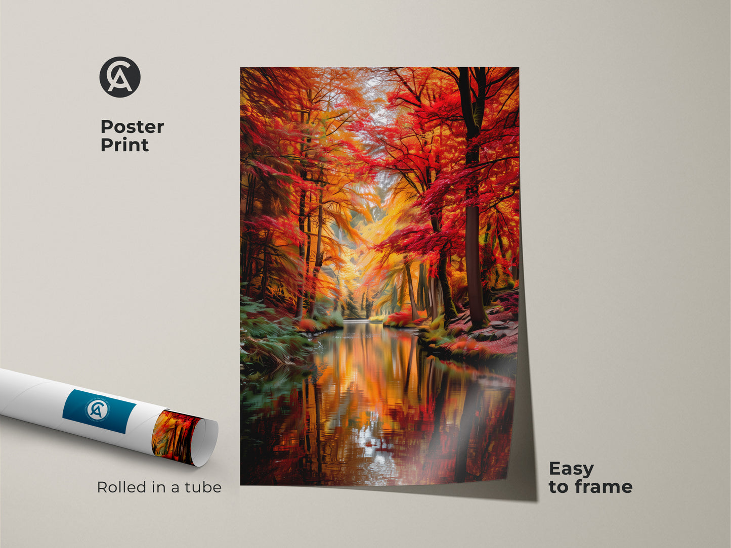 Brighten your walls with this autumn forest poster print. The river landscape art captures fall's essence in red orange and yellow tones. This nature scenery artwork arrives rolled in a tube. Its easy to frame making it ideal for any home. Enhance your space with this contemporary nature art.