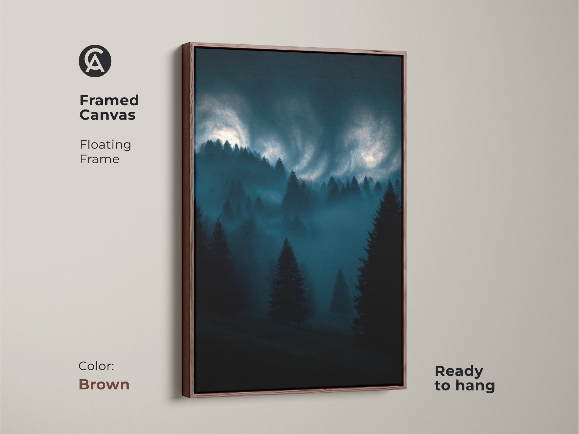 Framed canvas of a dark teal misty forest. The modern nature landscape features pine trees at night. This artwork is ready to hang with a brown floating frame.