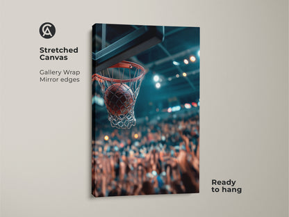 A stretched canvas gallery wrap featuring basketball art. The artwork shows a basketball swishing through the net. The mirror edges add a professional touch. Ready to hang and enjoy. Perfect for sports enthusiasts.
