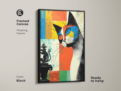 Framed canvas abstract cat art with a black floating frame. This mid-century modern eclectic artwork features orange blue and yellow hues. Ready to hang and a perfect gift for cat lovers.