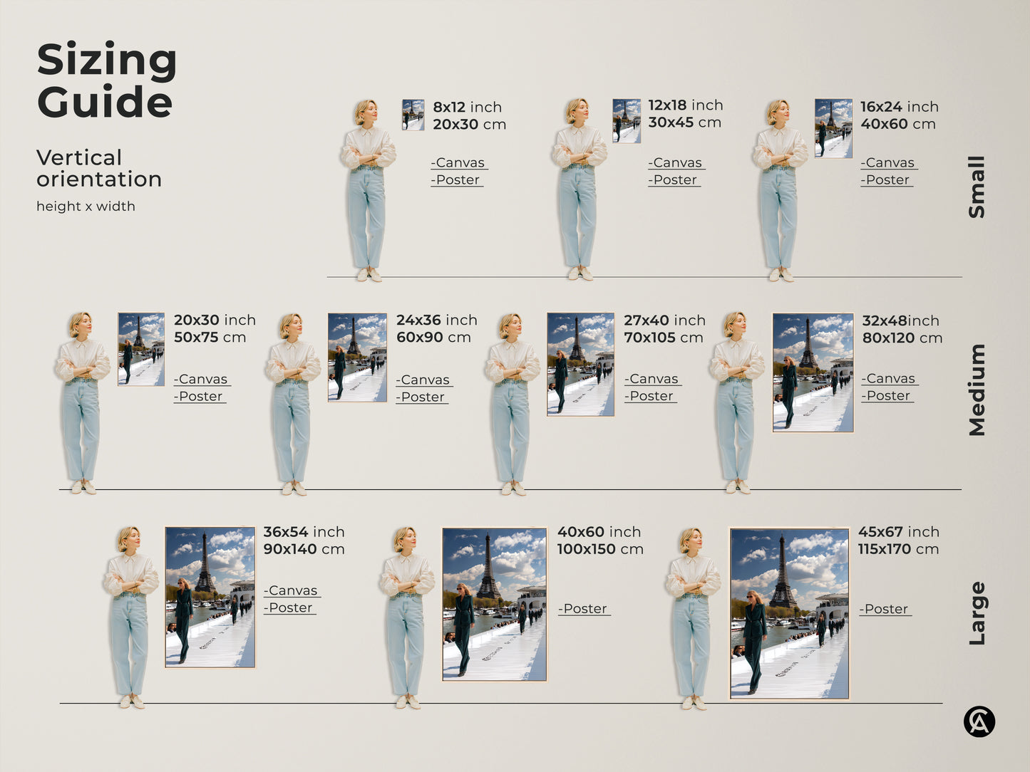Sizing guide for vertical orientation Parisian runway canvas and poster prints. Visualize how different sizes fit with a model for 8x12 to 45x67 inch options. Choose the perfect size to showcase this teal Eiffel Tower fashion artwork in your space. Ideal for contemporary home decor.