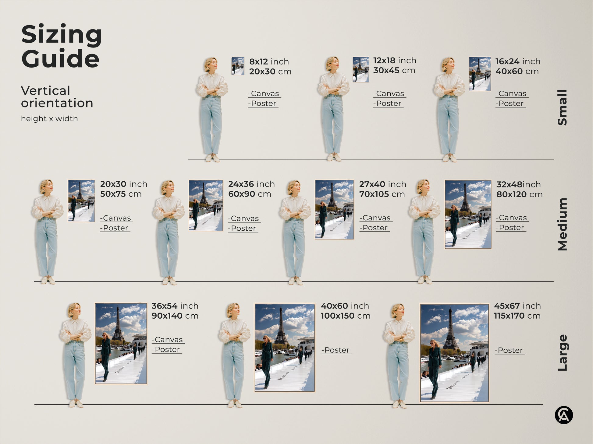 Sizing guide for vertical orientation Parisian runway canvas and poster prints. Visualize how different sizes fit with a model for 8x12 to 45x67 inch options. Choose the perfect size to showcase this teal Eiffel Tower fashion artwork in your space. Ideal for contemporary home decor.