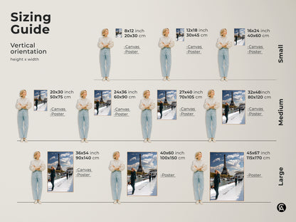 Sizing guide for vertical orientation Parisian runway canvas and poster prints. Visualize how different sizes fit with a model for 8x12 to 45x67 inch options. Choose the perfect size to showcase this teal Eiffel Tower fashion artwork in your space. Ideal for contemporary home decor.