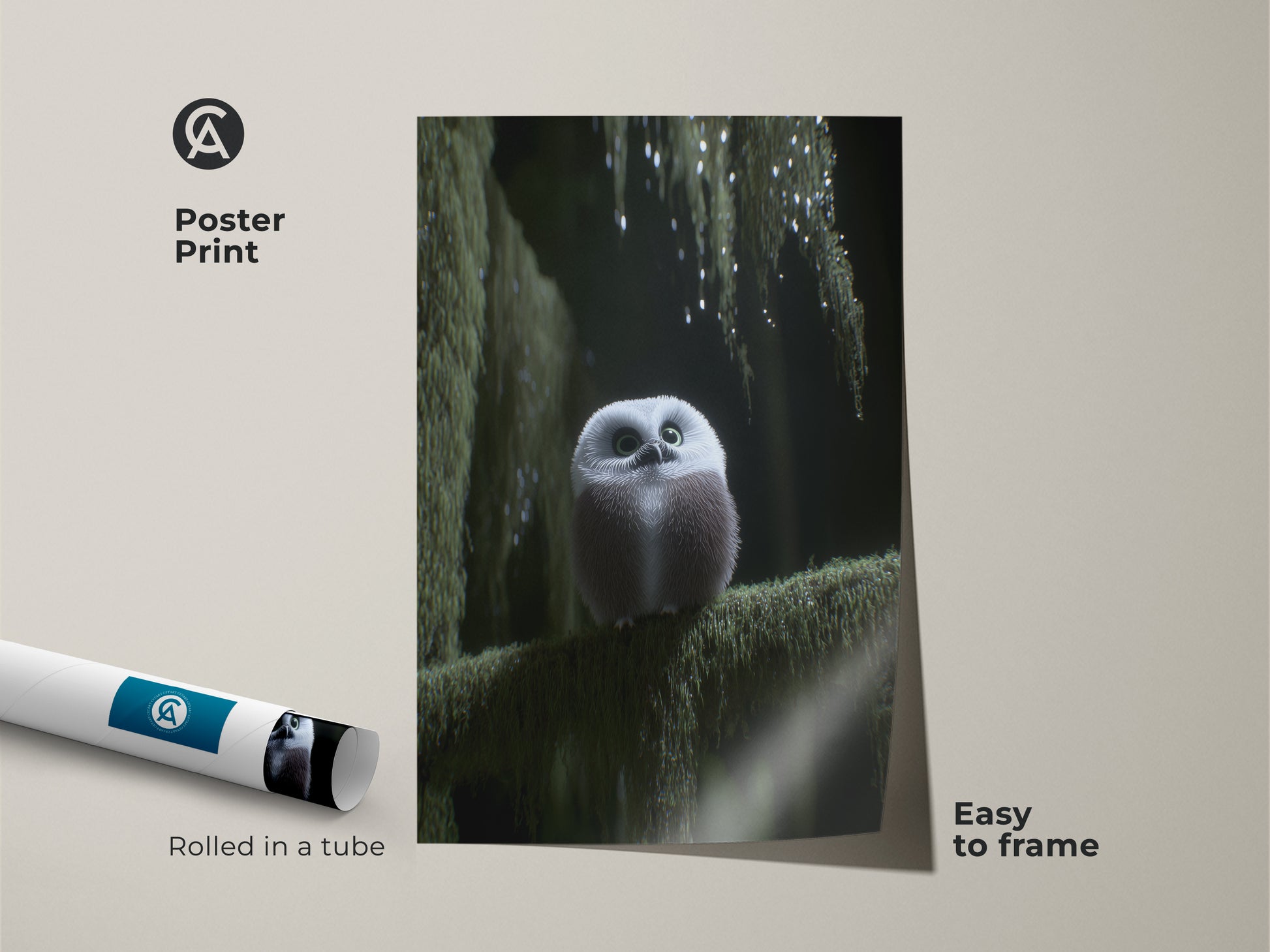 Poster print of a charming baby owl art ready to frame in your home. This forest animal canvas features a cute owl perched on a mossy branch. Ideal as woodland nursery decor or boho forest art. A nature lover gift idea that adds a touch of enchantment