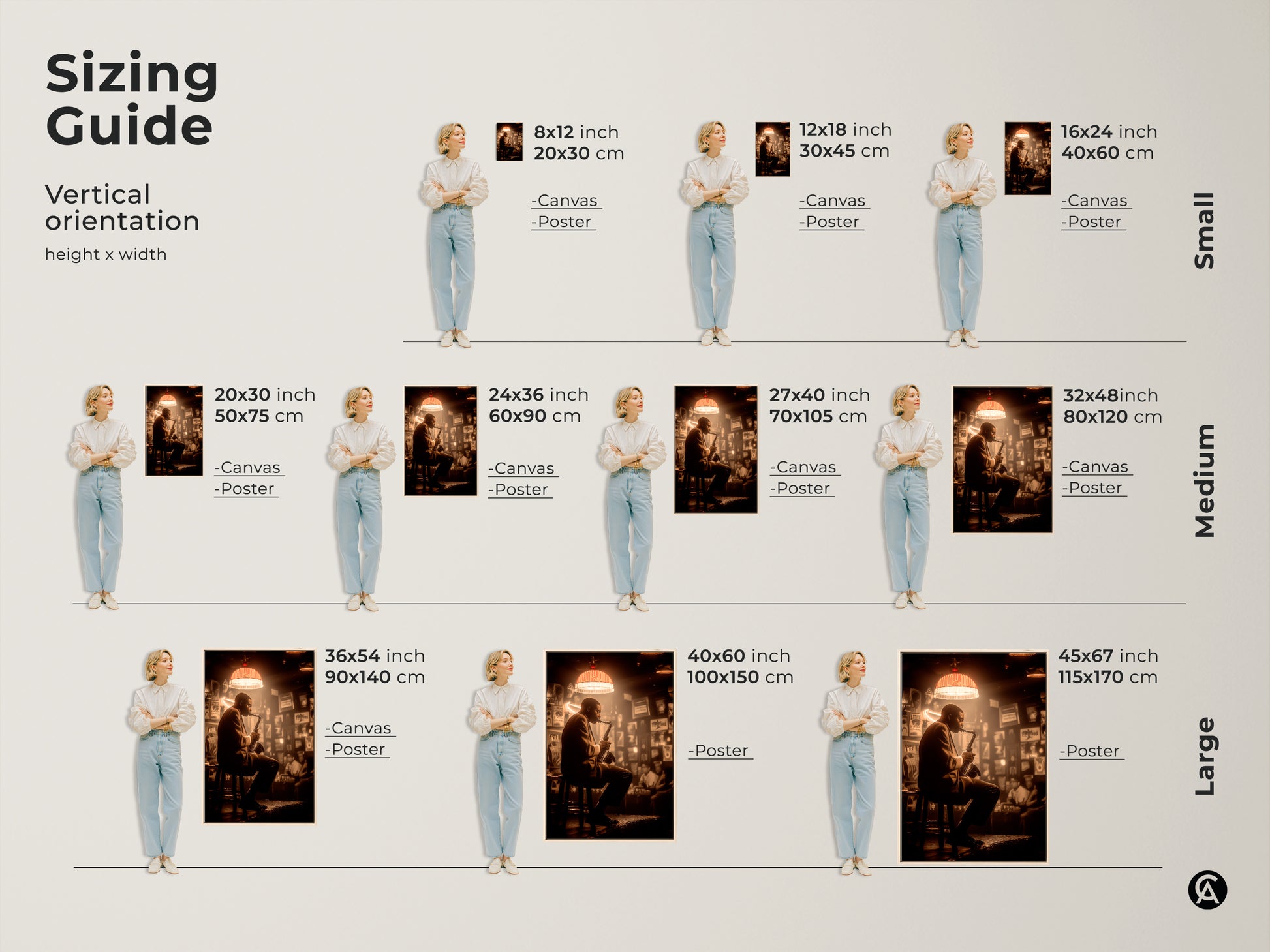 Sizing guide for jazz musician art prints. Available in various sizes from small to large. Canvas and poster options are shown. Find the perfect fit for your space. Transform your walls with the soulful energy of jazz music.