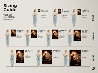 Sizing guide for jazz musician art prints. Available in various sizes from small to large. Canvas and poster options are shown. Find the perfect fit for your space. Transform your walls with the soulful energy of jazz music.