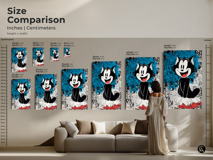 Size comparison of Felix the Cat artwork. See the art in different dimensions. This cartoon cat art available in canvas and poster. The artwork can transform your living room. Select your ideal size.