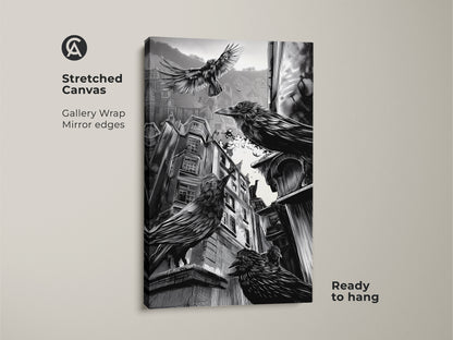 Stretched canvas featuring a gothic crow art print. Black and white urban raven artwork adds a dark aesthetic to your space. Ideal for a study room or office. This gothic home decor is a unique alternative wall hanging. Ready to hang and enjoy.