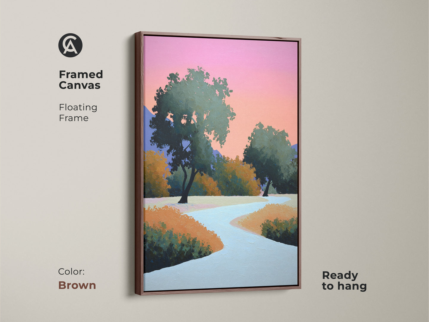 Brown framed canvas displaying modern abstract landscape. Contemporary trees wall art with a floating frame is featured. The pink and orange sky artwork brings life to the nature scene. A stylized nature painting is ready to hang.