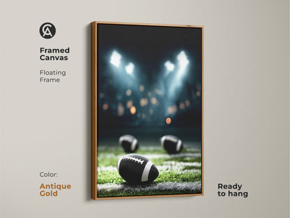 Antique Gold Framed Canvas Print of a night game American Football field. This sports artwork is ready to hang with a floating frame. Ideal for man cave or sports bar decor. It makes a great gift for football fans. The stadium lights artwork adds a dramatic touch. This realistic print captures the essence of game day excitement.