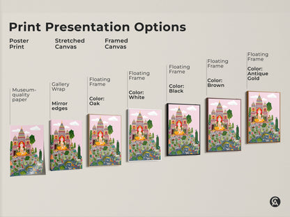 Various presentation options available: poster print stretched canvas and framed canvas. Gallery wrap mirror edges and floating frames are shown with different frame colors. See the vibrant Ganesha folk art in multiple styles. Museum-quality paper creates a stunning spiritual artwork.