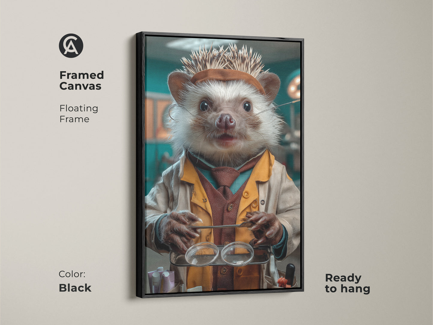 Framed canvas featuring the Science Hedgehog Canvas Art. The animal doctor print with a floating black frame is ready to hang. This tan & teal eclectic wall decor makes a thoughtful gift for veterinarians. The surreal animal artwork blends fun with science. The hedgehog art is perfect for any office.