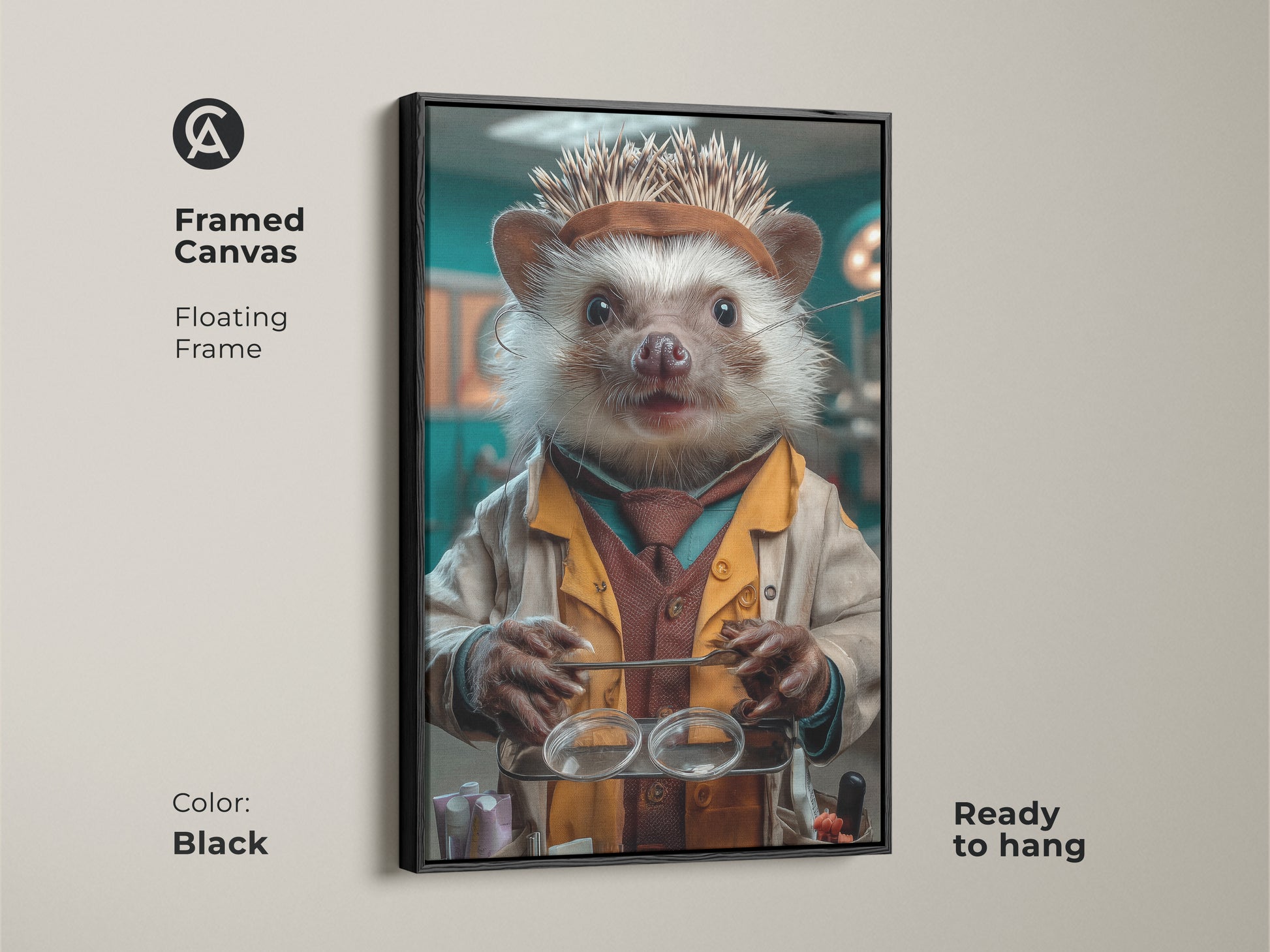 Framed canvas featuring the Science Hedgehog Canvas Art. The animal doctor print with a floating black frame is ready to hang. This tan & teal eclectic wall decor makes a thoughtful gift for veterinarians. The surreal animal artwork blends fun with science. The hedgehog art is perfect for any office.