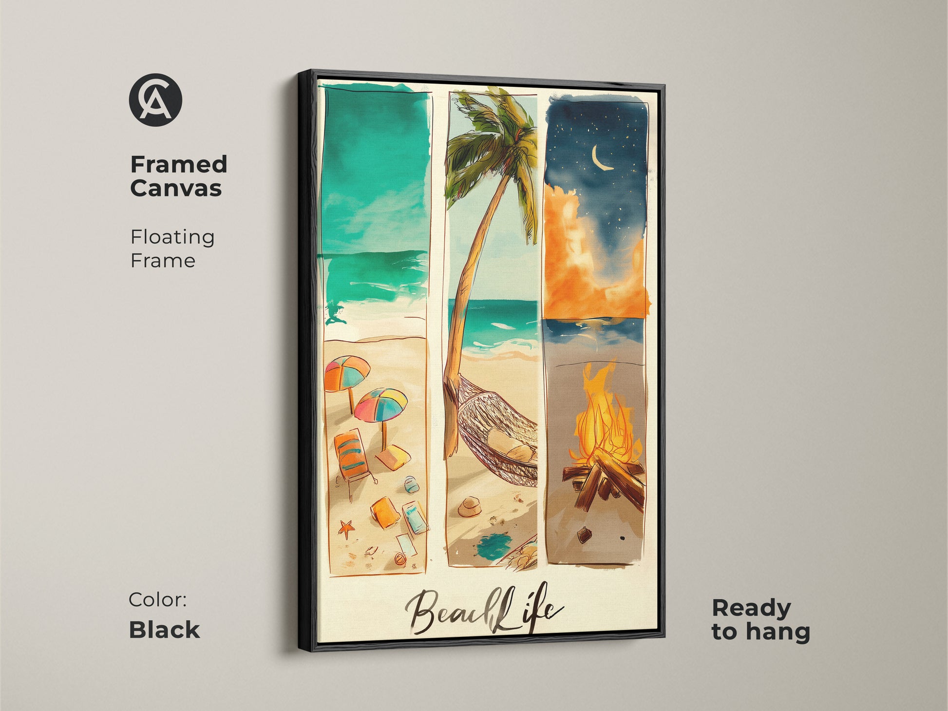 Framed canvas beach life artwork. The black floating frame makes this artwork pop. This beach art is ready to hang. It shows a collage of a beach during the day and a bonfire at night.