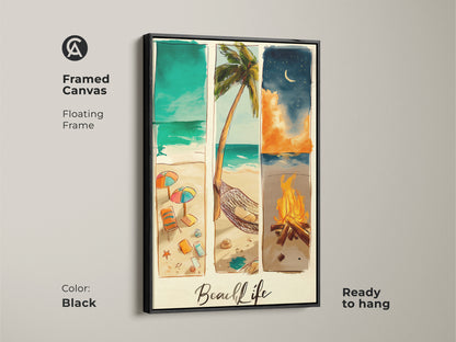 Framed canvas beach life artwork. The black floating frame makes this artwork pop. This beach art is ready to hang. It shows a collage of a beach during the day and a bonfire at night.