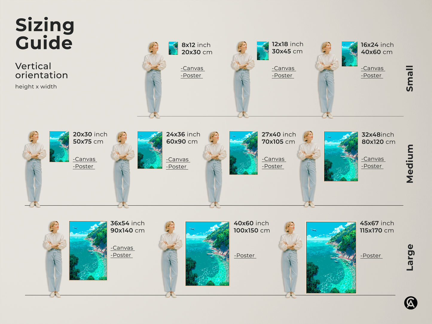 Find the perfect size for your ocean view canvas or poster. Our sizing guide helps you visualize how the artwork will look in your space. Vertical orientation available in small medium and large sizes to suit any wall.