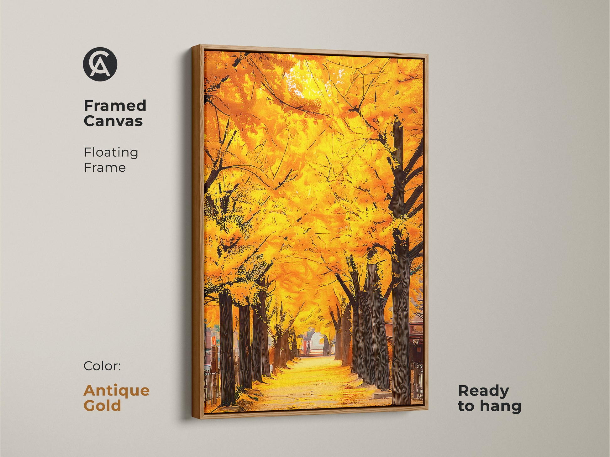 Framed canvas capturing a golden Gingko tree canopy. The floating frame has an antique gold finish and is ready to hang. This artwork adds a touch of vintage charm to your decor. The rich colors and timeless scene create a captivating display.
