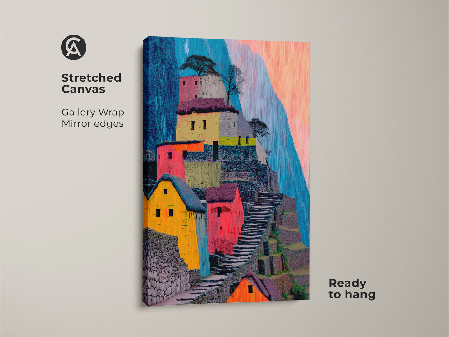 This stretched canvas print features abstract Machu Picchu art. Gallery wrapped with mirrored edges it is ready to hang. Colorful landscape artwork showcases terraced hillsides with red yellow and teal tones. Its perfect boho home decor for travel lovers.