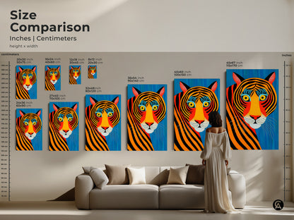 Size comparison of abstract tiger art prints. Explore canvas and poster options from small to extra-large. This tribal animal print is perfect for any room size. Bold blue yellow and orange decor adds style to your space.