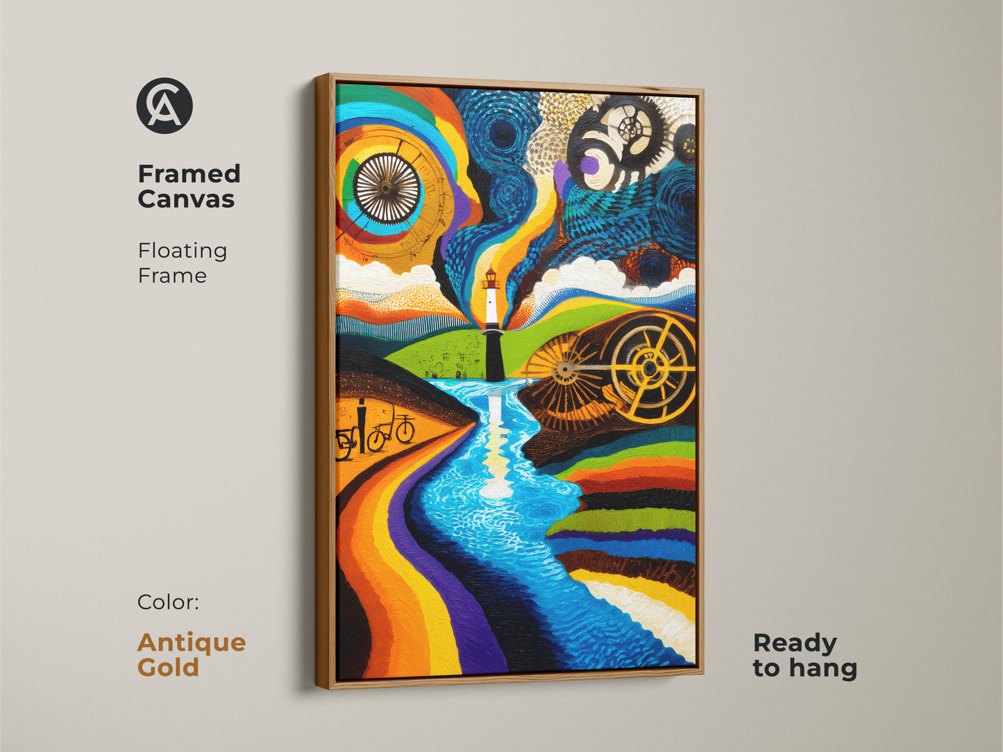 This framed canvas showcases a rainbow abstract painting. The floating frame has an antique gold color. The art's surreal bicycle art print is eye-catching. It is perfect for a modern home.