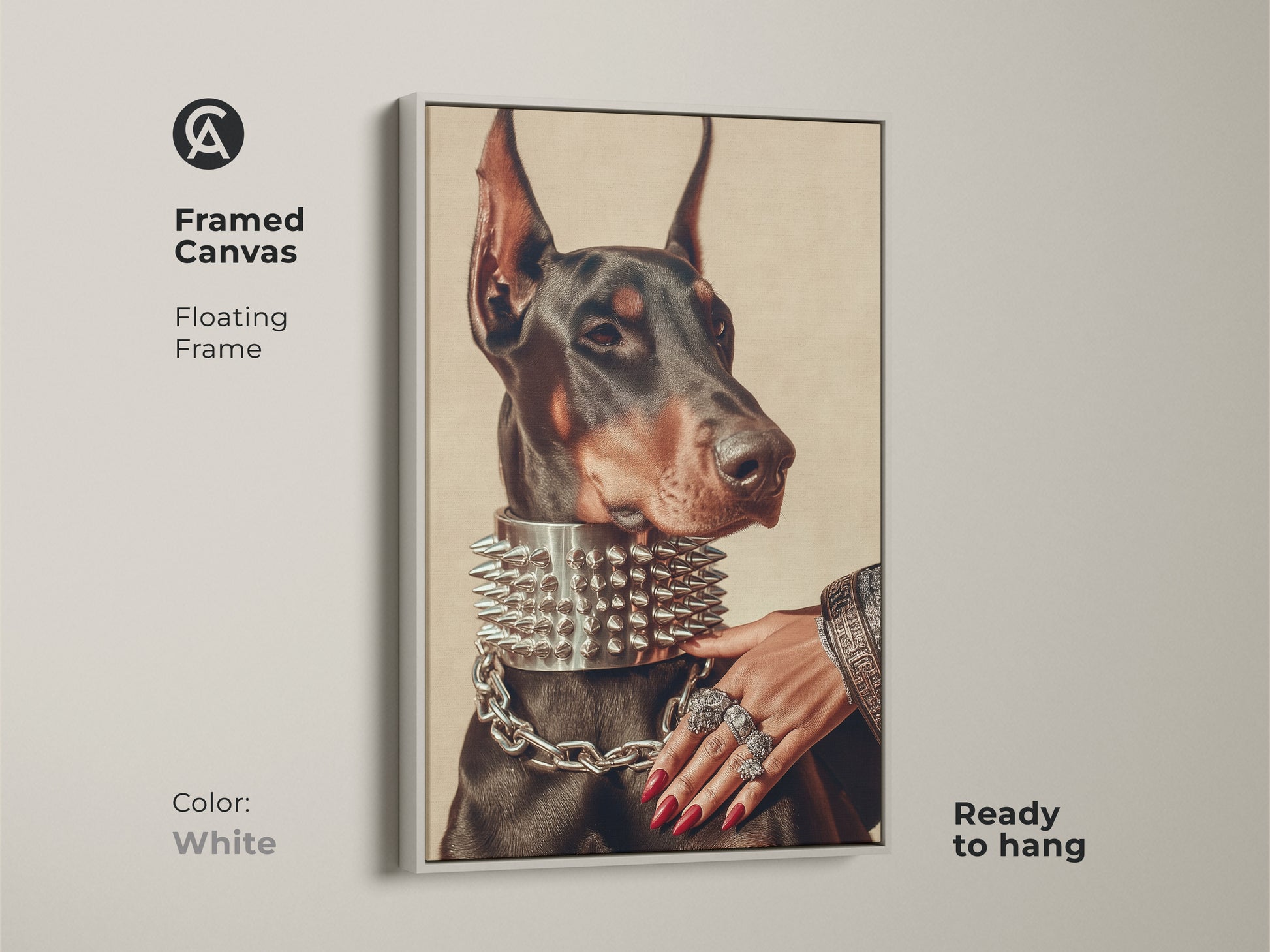 Elevate your space with this framed canvas featuring a Doberman in a spiked collar. The floating frame in white adds a modern touch. The artwork is ready to hang. This pet portrait art print is a unique gift for Doberman owners. Dark academia wall decor.