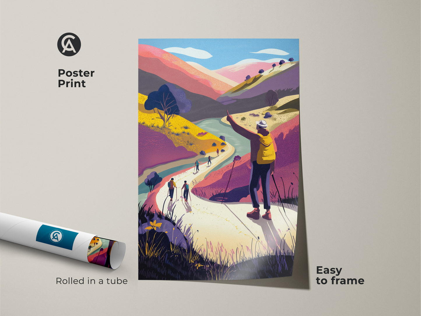Poster print featuring a colorful mountain landscape artwork. Boho yellow and purple hiker canvas rolled in a tube. This adventure travel artwork is easy to frame. Modern folk art print perfect for any room. Stylized nature painting for travel themed wall hanging.