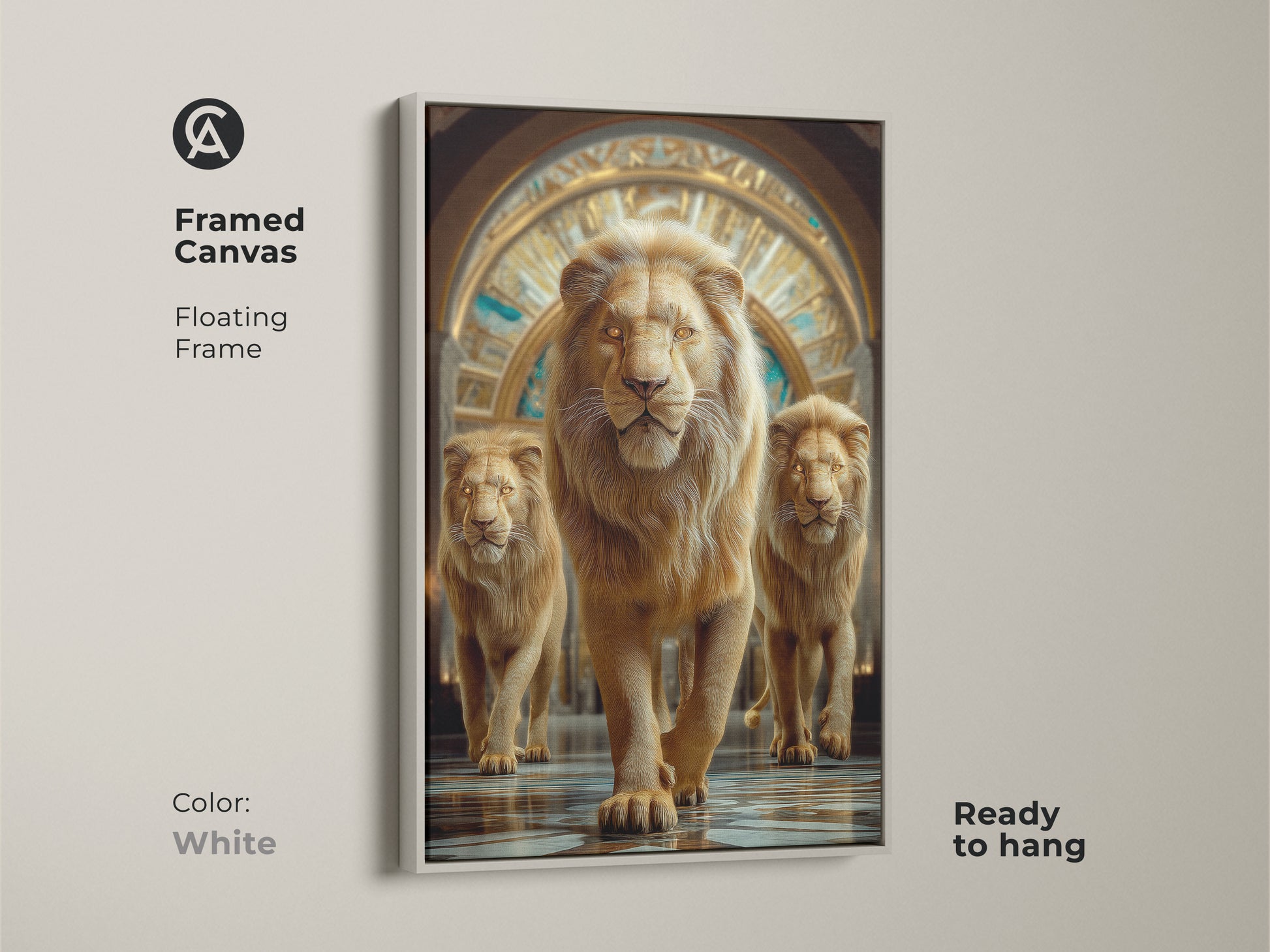A framed canvas exhibits a photorealistic golden lion with a floating frame. This amber tone wildlife canvas is ready to hang. This fine art animal print is ideal as luxury animal art. Ornate archway art elevates any space. The frame is white.