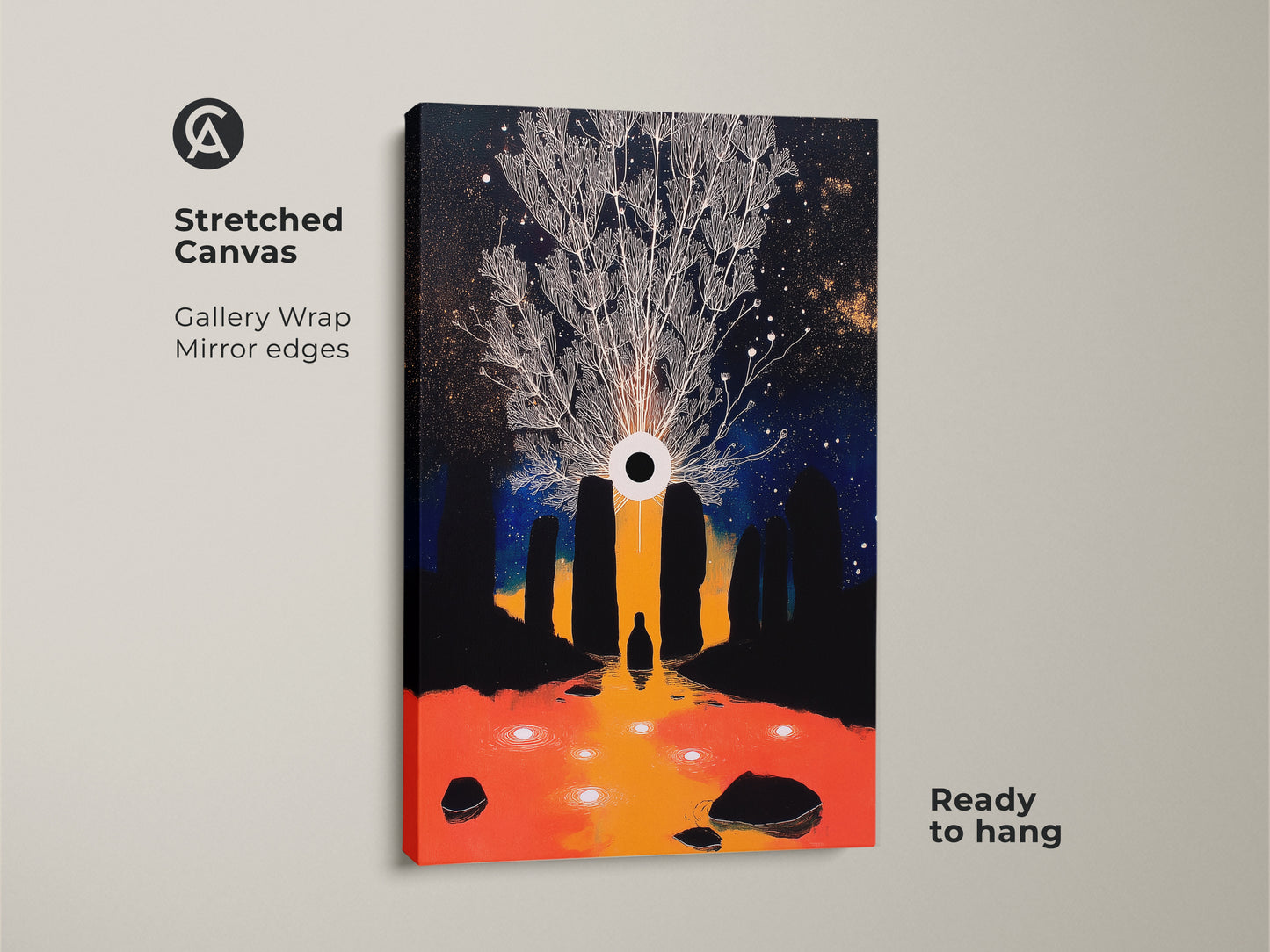Stretched canvas art of a Tree of Life & Eye motif. Gallery wrapped with mirror edges. The cosmic night sky print showcases dark blue and gold colors. Ready to hang as a mystical celestial decor. This abstract fantasy artwork enhances any eclectic living room. Perfect as boho cosmic wall decor.