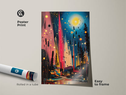 Poster print featuring an abstract landscape of a village at night. Rolled in a tube it's an easy to frame piece. The teal and pink cattail canvas brings nature indoors.