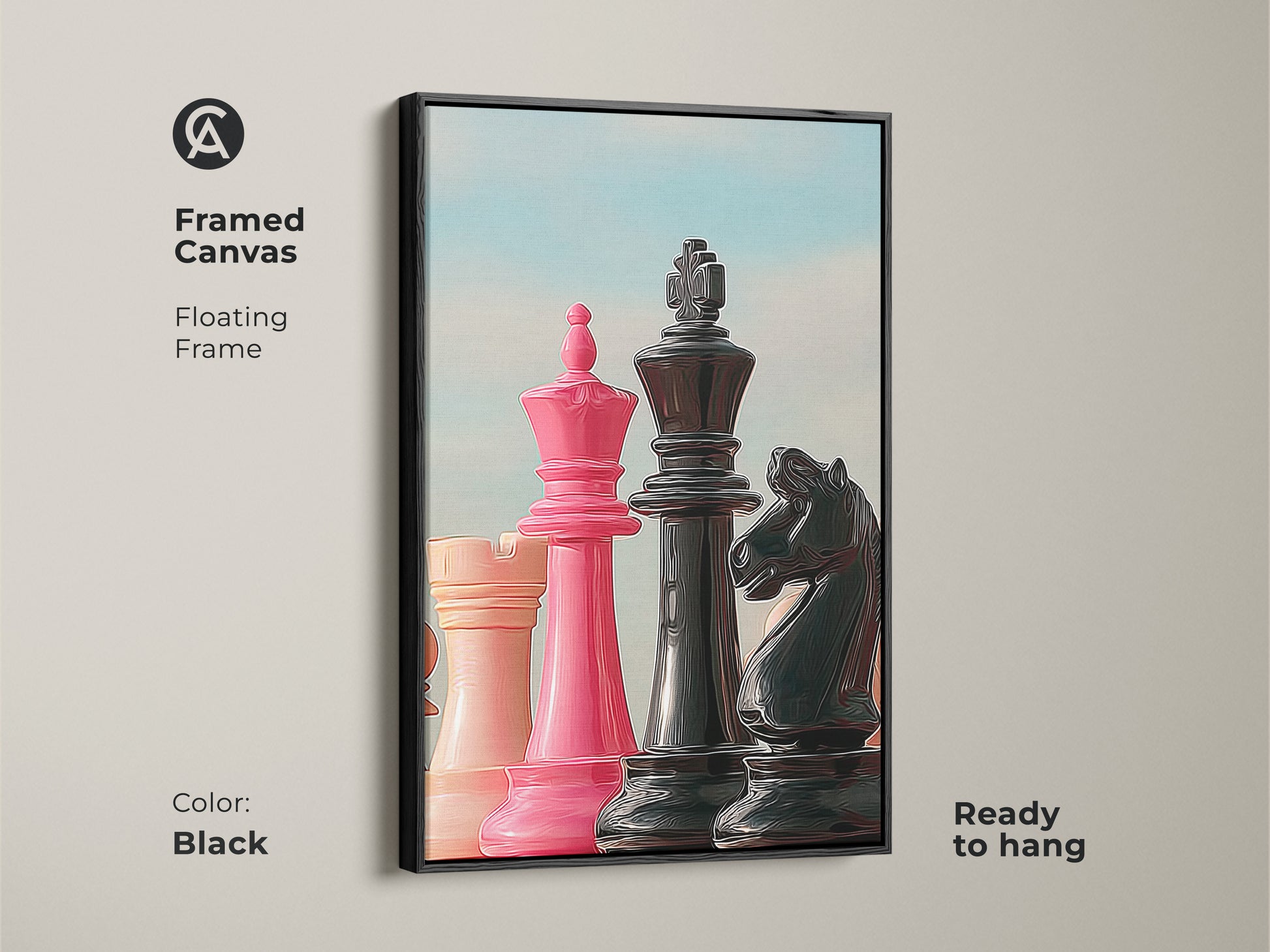 Framed canvas in a black floating frame. Chess pieces including a pink King Queen strategy and black Knight stand out. This contemporary chess print is ready to hang. Perfect for adding intellectual decor to your game room or office space.
