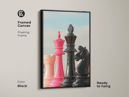Framed canvas in a black floating frame. Chess pieces including a pink King Queen strategy and black Knight stand out. This contemporary chess print is ready to hang. Perfect for adding intellectual decor to your game room or office space.