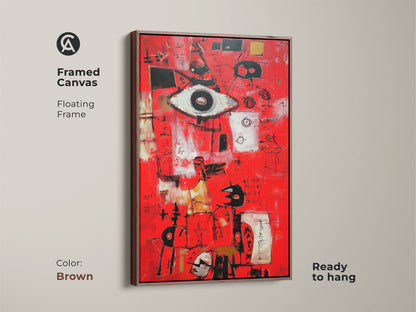 Modern abstract artwork on framed canvas. The painting features a red backdrop with an eye symbol and abstract shapes. It is displayed in a brown floating frame. This framed art is ready to hang and enjoy.