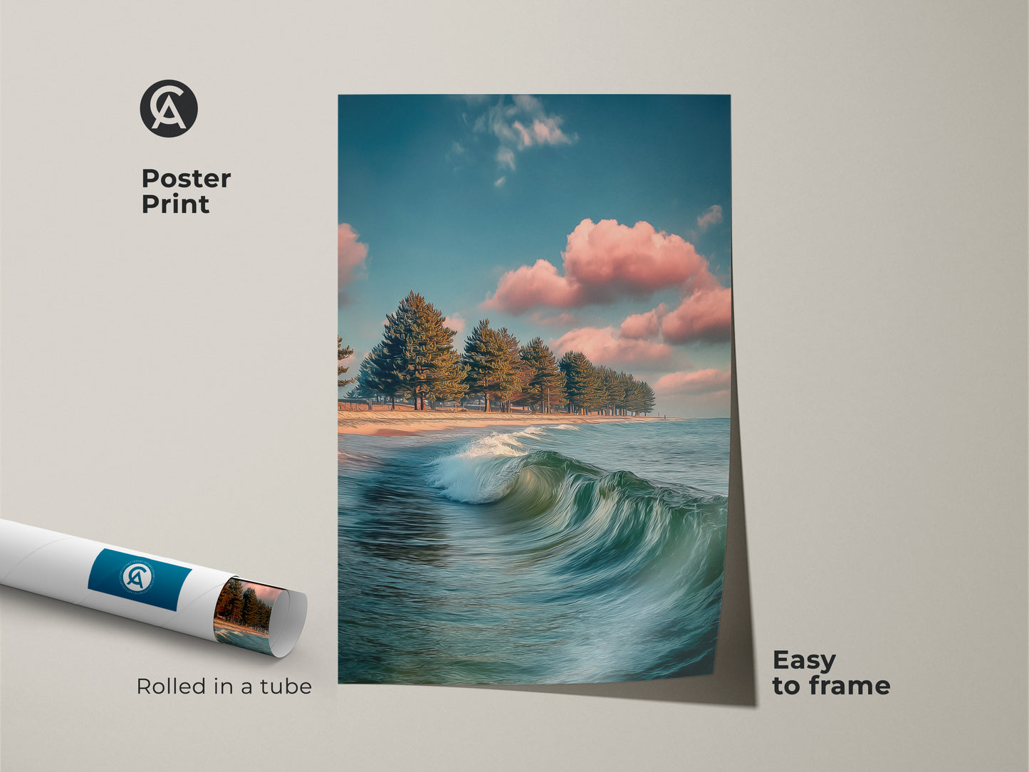 Poster print ocean wave art. Coastal landscape artwork features pine trees on a beach. Teal blue seascape is rolled in a tube and easy to frame. Calming nature art for any room.