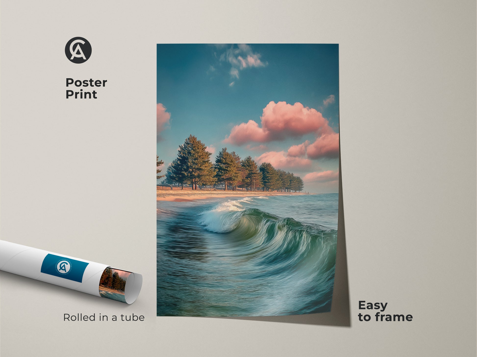 Poster print ocean wave art. Coastal landscape artwork features pine trees on a beach. Teal blue seascape is rolled in a tube and easy to frame. Calming nature art for any room.