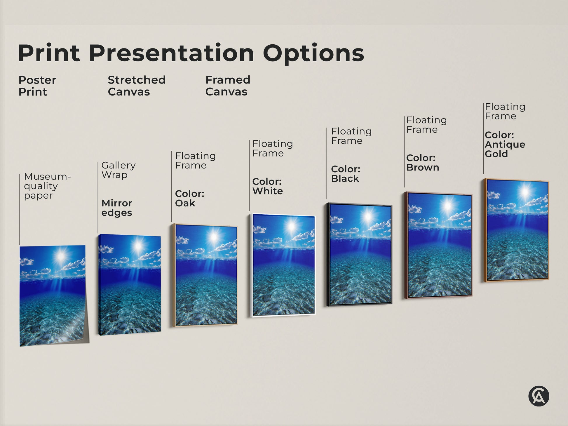 Print presentation options featuring underwater sunbeams in deep blue ocean artwork. Choices include poster prints stretched canvas and framed canvas. Each style captures the photorealistic seascape. Museum-quality options for creating the perfect coastal artwork display.