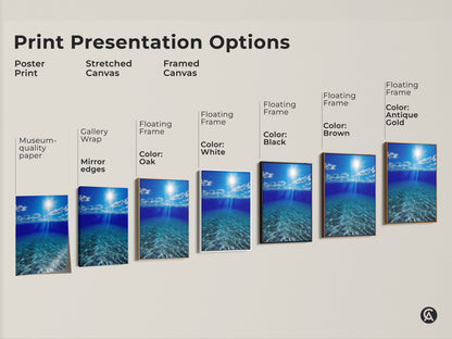 Print presentation options featuring underwater sunbeams in deep blue ocean artwork. Choices include poster prints stretched canvas and framed canvas. Each style captures the photorealistic seascape. Museum-quality options for creating the perfect coastal artwork display.