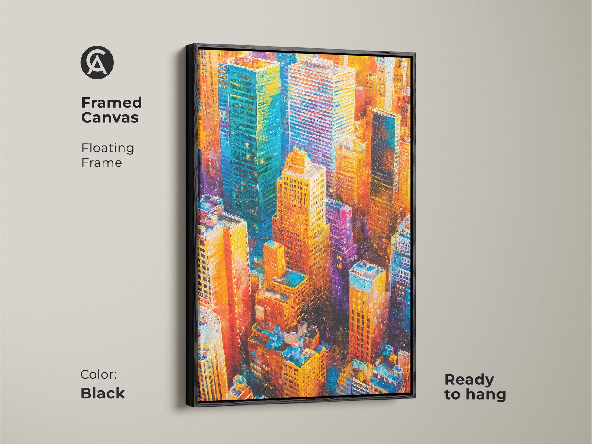 Framed canvas featuring cityscape artwork with a brown floating frame. This stunning piece showcases vibrant skyscrapers in blues oranges and yellows. Ready to hang. The brown frame adds warmth and sophistication. This urban art captures the energy of a metropolis. Perfect for adding color to any space