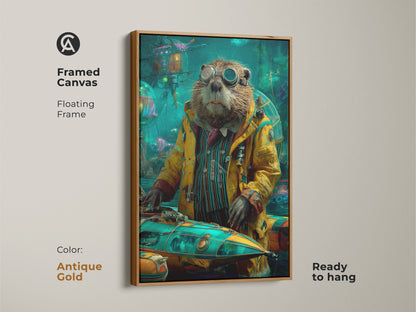 The framed steampunk otter canvas brings adventure to your walls. The antique gold frame enhances the teal yellow animal art. This unique office decor is ready to hang. The animal pilot artwork makes an excellent gift.