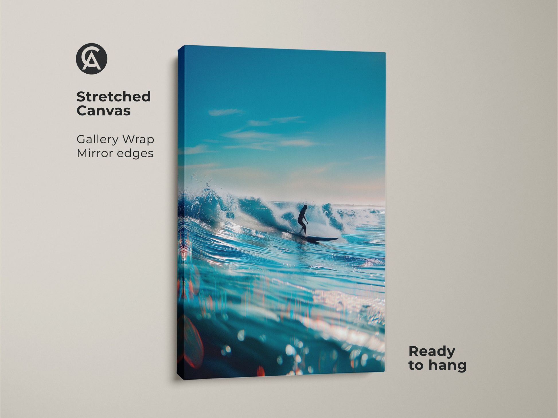 Stretched canvas surfing artwork ready to hang. This gallery-wrapped canvas features a surfer riding a wave. The artwork has mirror edges for a seamless look. The blue ocean and clear sky create a peaceful scene. Perfect wall art for ocean lovers.