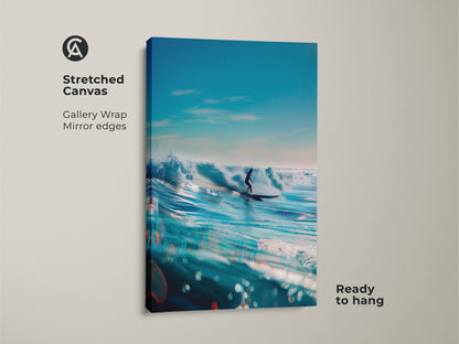 Stretched canvas surfing artwork ready to hang. This gallery-wrapped canvas features a surfer riding a wave. The artwork has mirror edges for a seamless look. The blue ocean and clear sky create a peaceful scene. Perfect wall art for ocean lovers.