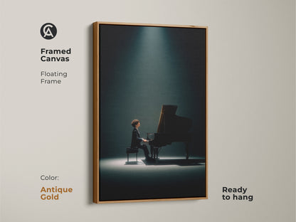 Framed canvas artwork featuring a pianist in a spotlight. The antique gold floating frame adds a touch of vintage charm. This ready-to-hang piano art creates a focal point in any room. Explore our framed canvas art prints.