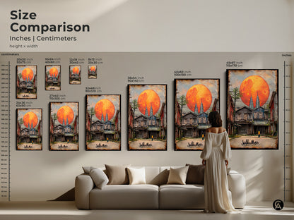 A size comparison shows the surreal cityscape artwork featuring Twin Towers under an orange moon. See how the canvas art fits above a sofa. It's the perfect scale for various spaces creating an eclectic decor vibe.