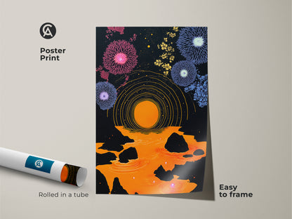 Poster print of Abstract geometric wall art rolled in a tube for easy framing. This purple orange canvas print features dandelion fireworks art. It makes for eclectic bedroom decor and a modern folk art print. Consider it as a housewarming gift canvas.