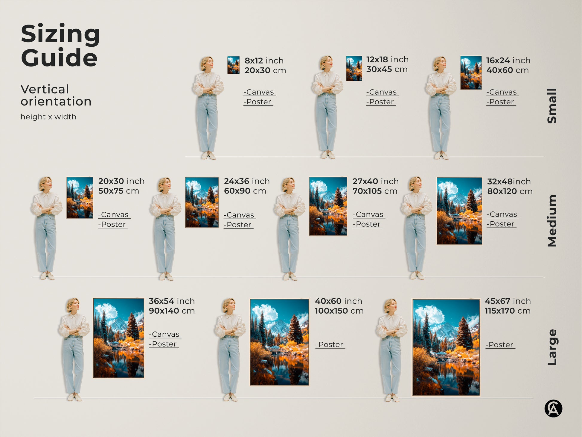 Discover the perfect size with this artwork sizing guide. From small to large vertical orientations are available in canvas and poster options. Find the ideal fit for your wall.