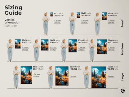 Discover the perfect size with this artwork sizing guide. From small to large vertical orientations are available in canvas and poster options. Find the ideal fit for your wall.