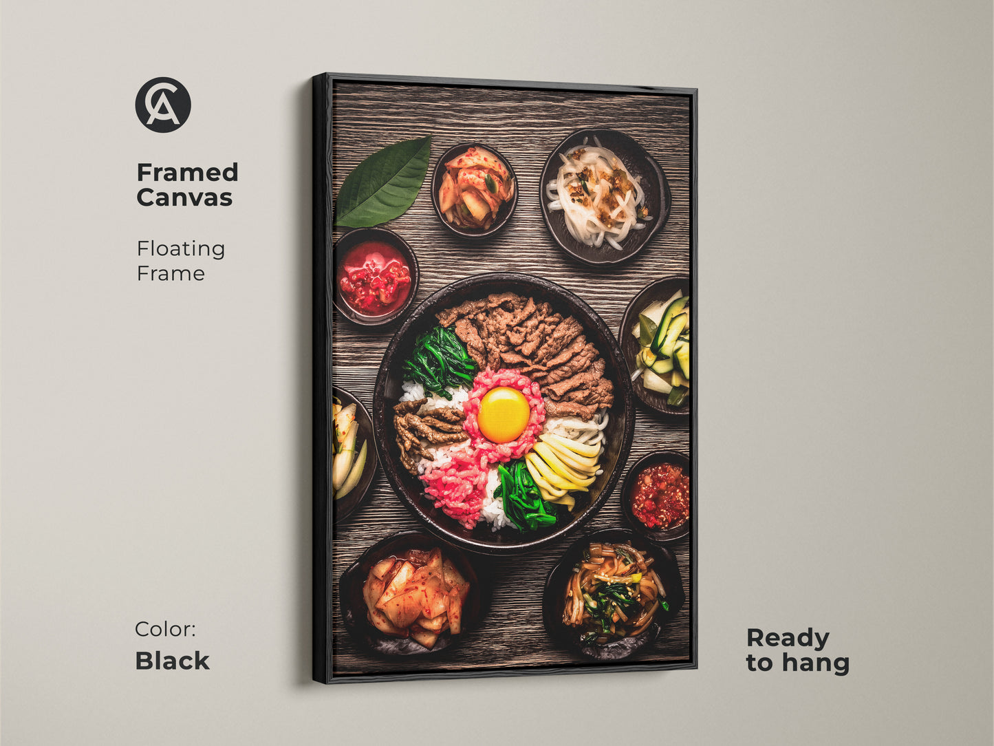 Framed Canvas displaying realistic Bibimbap artwork Korean gourmet food photography. The canvas features a black floating frame and comes ready to hang. Add a contemporary touch to your dining room art.