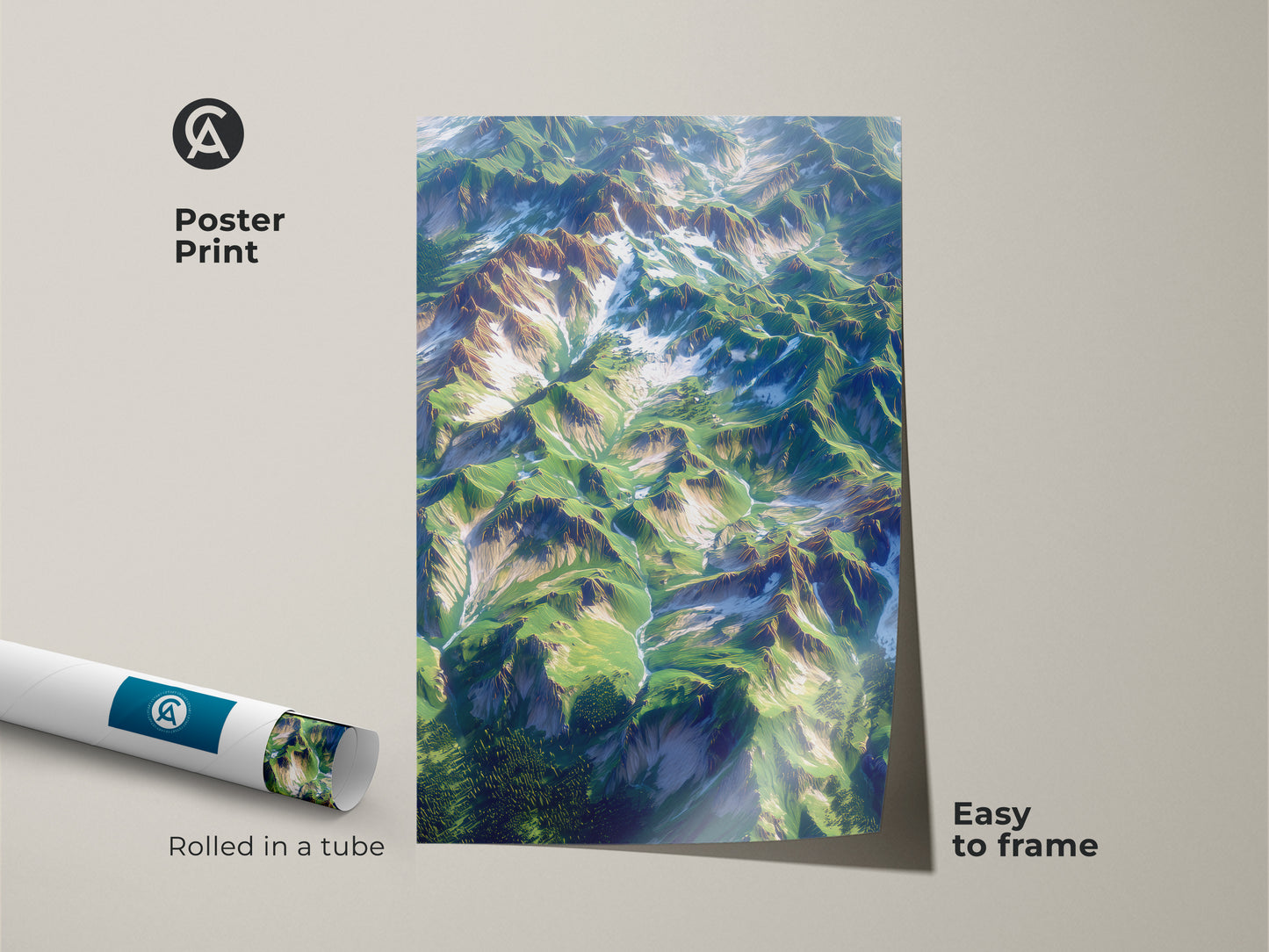 Poster print showcasing an aerial view of a mountain landscape. The art is rolled in a tube for easy framing. The poster brings nature's beauty to any room. The print captures the texture of the mountain range. Add adventure to your home with this unique wall art.